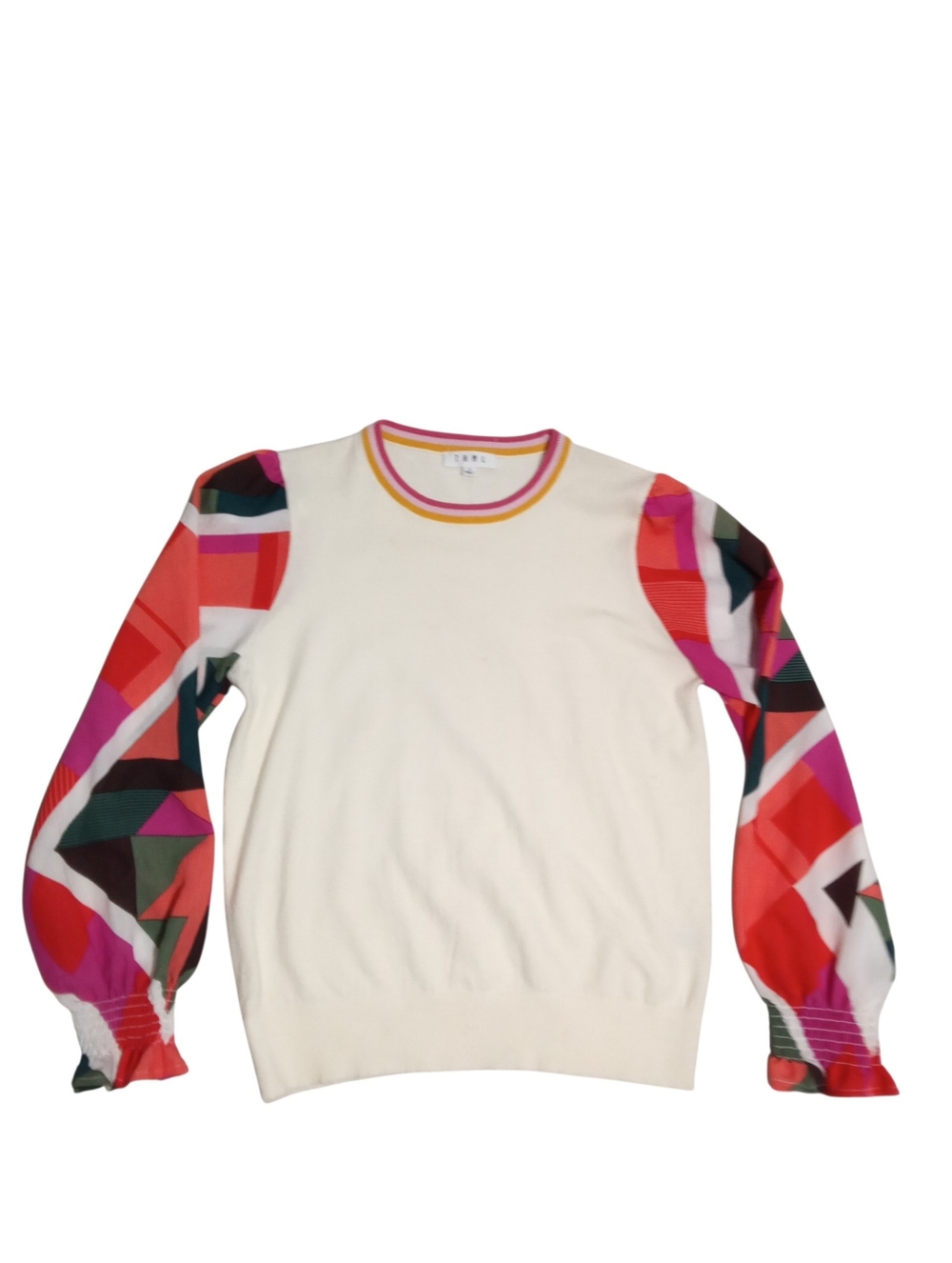 THML Cream Pullover Sweater Colorful Abstract Balloon Sleeve Statement Top Sz L - Picture 7 of 8